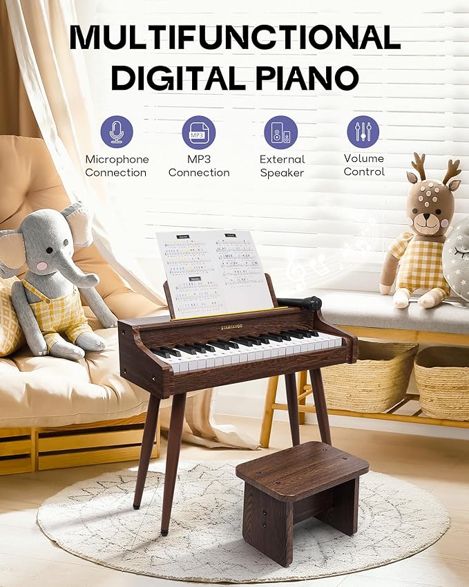 Starfavor Kids Keyboard, 37 Keys Digital Piano with Volume Control, Rechargeable Music Educational Instrument Toy, Wood Piano for 3+ Girls, Boys, Beginner, Toddler