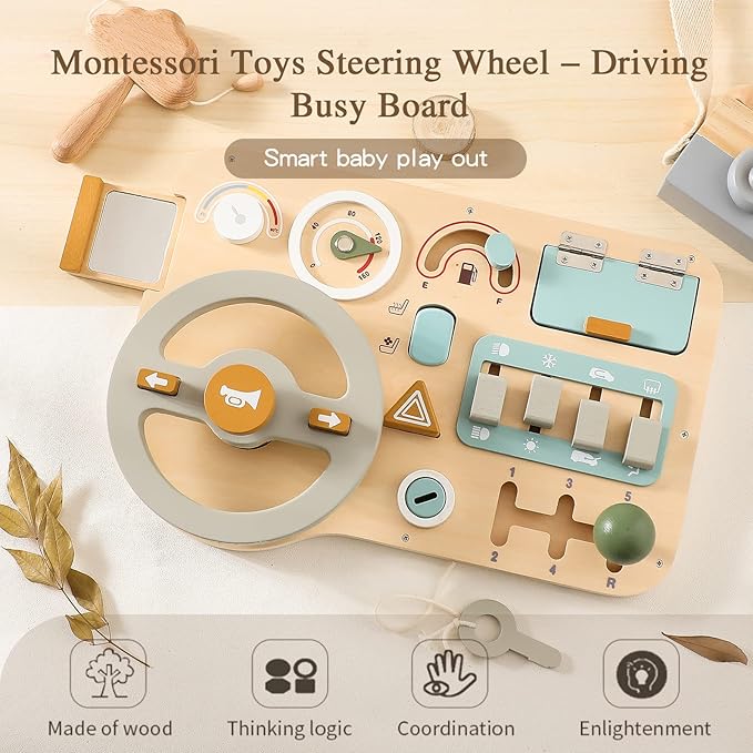 Wooden Montessori Steering Wheel Sensory Activity Board for 1-4 Year Olds, Fine Motor Skills, Travel Busy Board Educational Toys for Boys and Girls