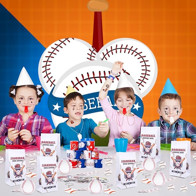 208Pcs Baseball Party Favors with Baseball Party Bags Baseball Whistle Mini Foam Baseball Ball Slap Bracelets Keychains Sticker Tattoo Eraser for Baseball Party Goodie Bag Fillers Party Decorations