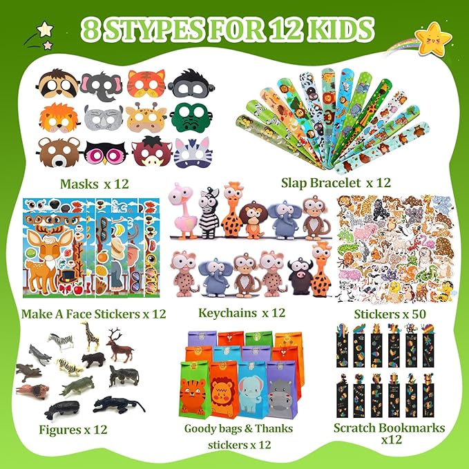 158 pcs Safari Party Favors for 12 kids ,Jungle Safari Birthday Party Supplies, Wild Animal Goodie Bags ,Safari Birthday Decorations Gift Bag Fillers Pinata Stuffers, Wild Animals Themed Party Toys