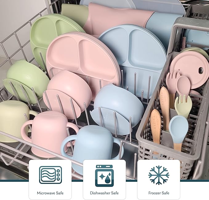 Baby Self Feeding All Natural Beech Wood Fork and Spoon Set - BPA Free, Toddler Tableware, Suitable For Stage 1 Babies - Soft Curved Food Grade Silicone Head (Magic Mint)