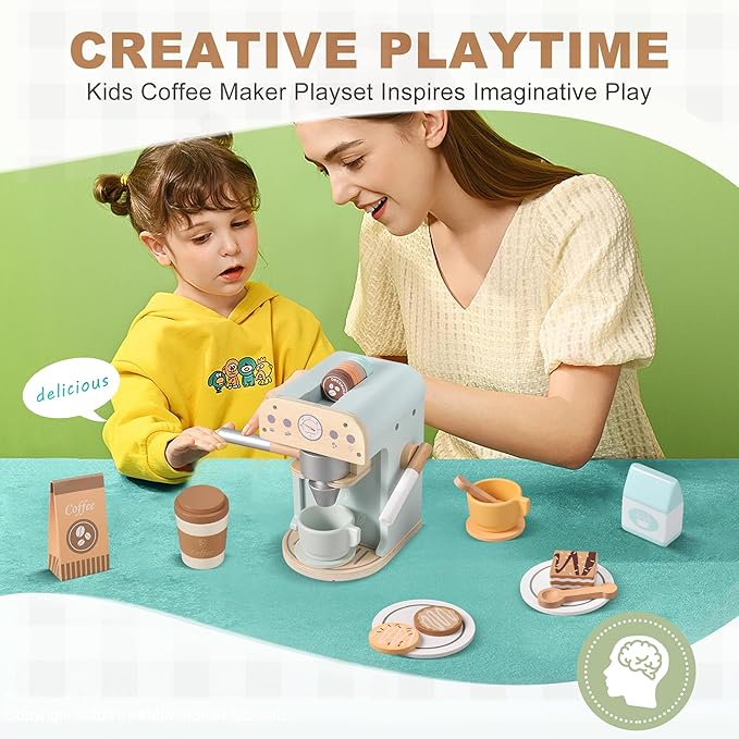 Kids Wooden Coffee Maker Toy, Wooden Play Kitchen Appliances & Accessories Toy for Kids Toddlers, Gift for Girls Boys