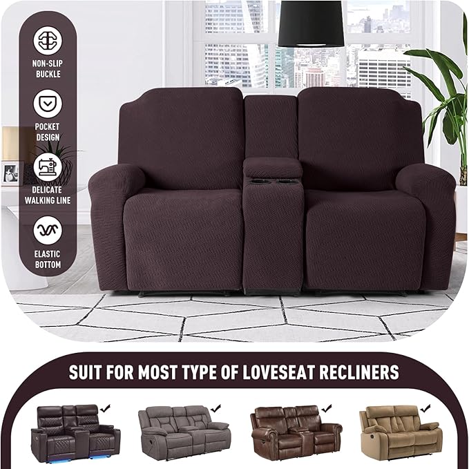 KinCam Loveseat Recliner Covers with Middle Console Slipcover, Recliner Sofa Covers 2 Seat Couch Cover Stripe Jacquard Furniture Protector Covers with Elastic Bottom for Kids, Pets (Chocolate)