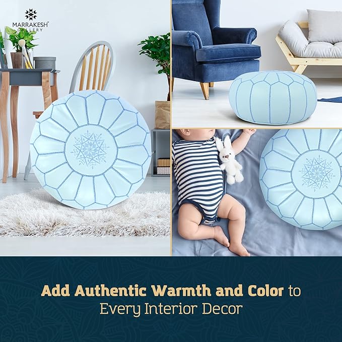 Marrakesh Gallery Genuine Leather Round Pouf Unstuffed - Moroccan Ottoman Footstool, Footrest Cover - Boho Decor - Bohemian Living Room, Bedroom, Kids Room, Gift & Wedding