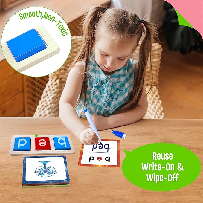 154 PCS Wooden CVC Word Spelling Game, Short Vowel Spelling Flashcards Sight Words Flash Cards Montessori Early Educational Toys for Preschool Kindergarten (5 Dry Erase Marker Included)