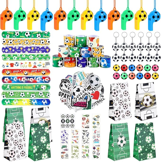 140 Pcs Soccer Party Favors Set Soccer Sticker Slap Bracelet Keychain Soccer Tattoos Soccer Fidget Toy Whistle Soccer Treat Bags with Sealing Stickers for Teens Adults Soccer Themed Party Supplies