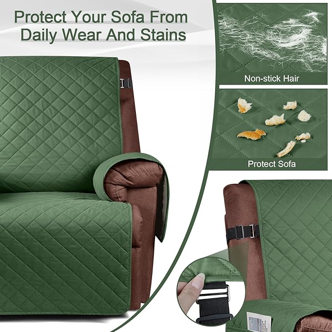 KinCam 100% Waterproof Recliner Chair Cover, Reclining Couch Covers for Pets, Dogs, Recliner Couch Slipcover Furniture Protector with Elastic Straps for Kids(23.6", Vine Green)