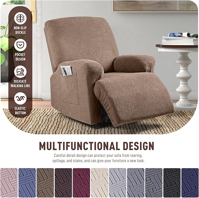 KinCam Recliner Covers, Stretch Reclining Chair Covers, Recliner Sofa Slipcovers Stripe Jacquard Recliner Couch Covers Furniture Protector Covers for Pet Kid (1 Seater, Light Coffee)