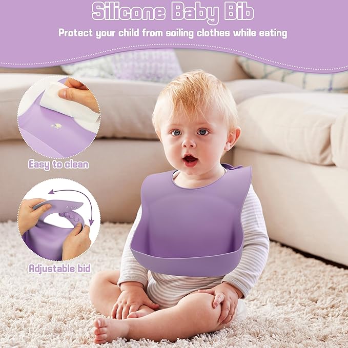 Silicone Baby Feeding Set, Baby Led Weaning Supplies, Silicone Suction Plate, Bowl, Spoons, Fork, Waterproof Bib, Cup and Food Tableware, Eating Utensils Baby Feeding Essentials for 3+ Months