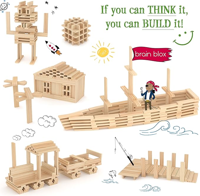 Natural Wooden Blocks for Kids Ages 4-8 - Montessori Blocks for Hands-on Learning - STEM and Architecture for Kids (100 Building Blocks)