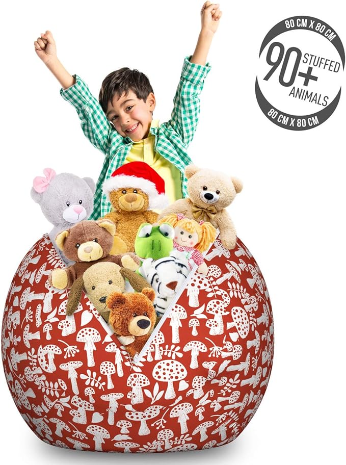 Ambesonne Mushroom Storage Toy Bag Chair, Amanita Pattern Leaves Berries Poisonous Plants Cartoon Style, Stuffed Animal Organizer Washable Bag, Large Size, Sienna White