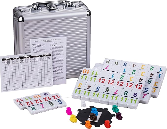 Doublefan Mexican Train Dominoes with Color Numbers,Double 12 Numerical Domino Game, Chicken Foot Dominoes Set with Aluminum Case, 91 Tiles Domino(2-10 Player