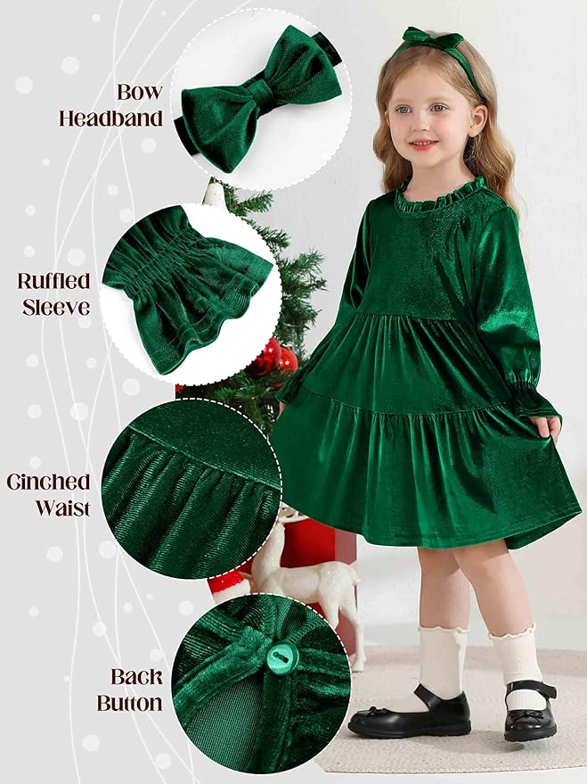 Toddler Baby Girls Velvet Dress Long Sleeve Christmas Dresses Princess Birthday Party Dresses Fall Winter Clothes