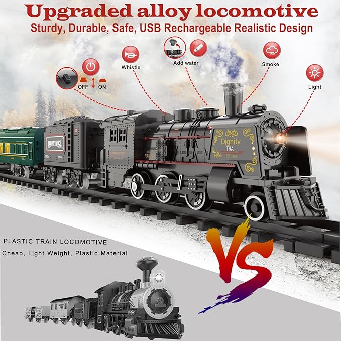 Electric Train Sets for Kids Metal Alloy Christmas Train Toys Steam Locomotive, Glowing Passenger Carriages, Luxury Tracks, Light & Sounds Rechargeable Birthday Gifts for Boys Girls Red Green …