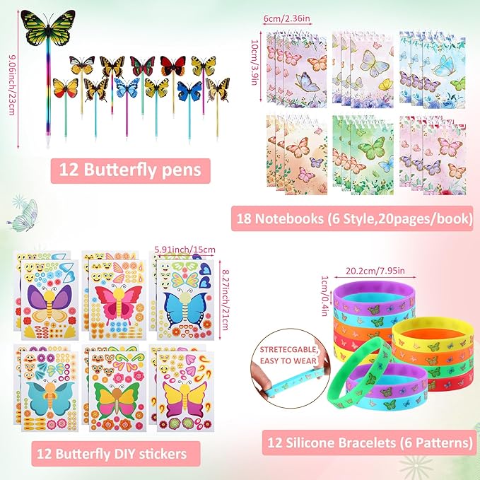 140 Pcs Butterfly Party Favors Spring Butterfly Birthday Party Supplies Include Mini Notebook Pen Keychain Bracelet Drawstring Bag Sticker Fairy Party Favor for Birthday Party Supply