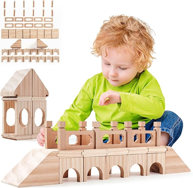 Building Toys, Building Blocks for Toddlers 3-5, Wooden Toy Building Sets Huge-Bridge Montessori Toys Creativity for Kids STEM Learning Toys for Toddlers Preschool Educational Construction Toys Age3+
