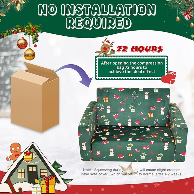 MallBest 2-in-1 Kids Christmas Sofa, Comfy Toddler Couch Bed, Baby's Upholstered Chair Sleepover Kid Couch Flipout Open Recliner for Bedroom