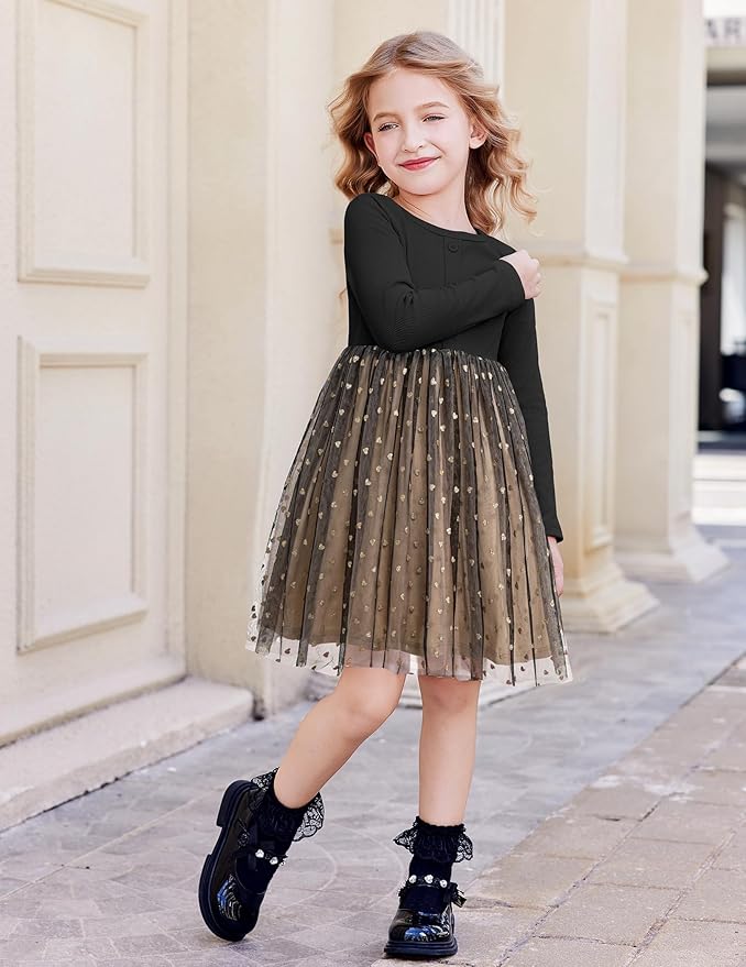 Arshiner Toddler Girls Tutu Dress Long Sleeve Fall Winter Button Front Party Tulle Dresses 2-8Y