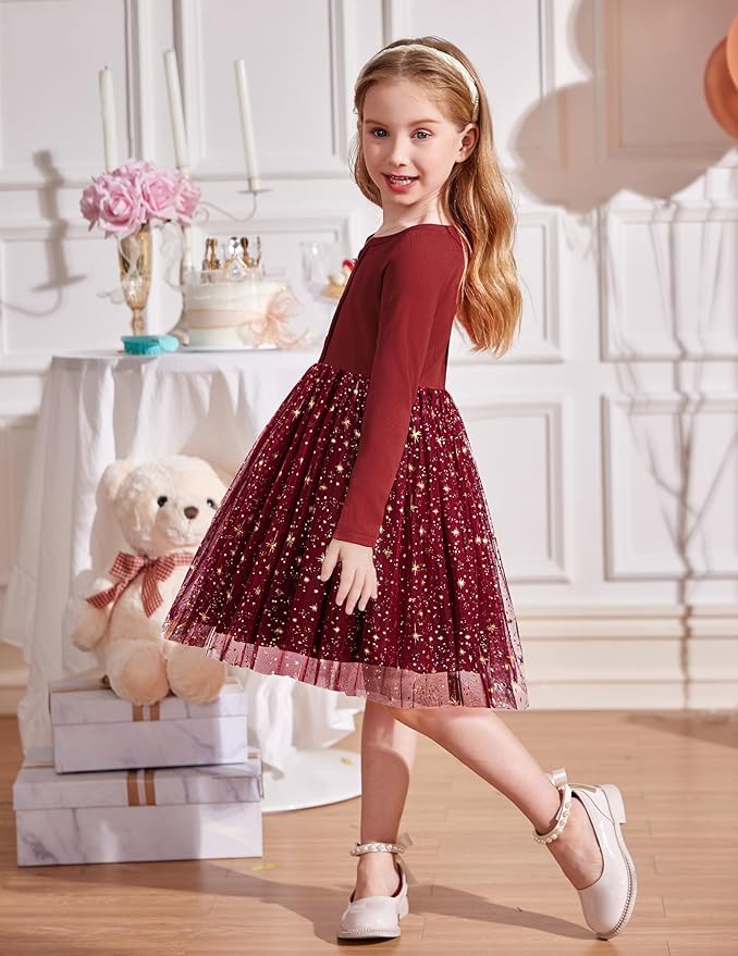 Arshiner Toddler Girls Tutu Dress Long Sleeve Fall Winter Button Front Party Tulle Dresses 2-8Y