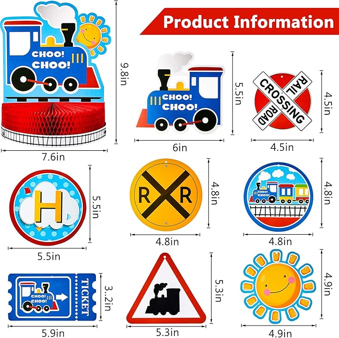Train Birthday Party Decorations Set, Happy Birthday Banner Train Honeycomb Centerpiece, with 6 Pieces Hanging Swirl Decoration for Birthday Party Supplies Baby Shower