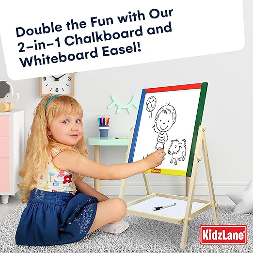 Kidzlane Art Easel for Kids 2-4 - Wooden Toddler Easel - Double Sided Standing Chalkboard/Dry Erase Board for Kids - Toddler Drawing Board with Accessories - 25.75 Inches Blackboard and Whiteboard