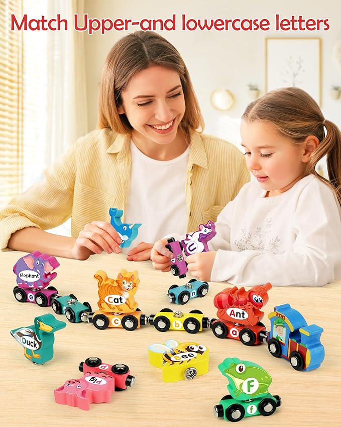 Wooden Alphabet Train Set for Toddlers – Magnetic ABC Train with Snap-Connection, Animal-Themed Educational Preschool Toy for Kids Ages 3-5, Montessori STEM Learning Gift for Boys and Girls