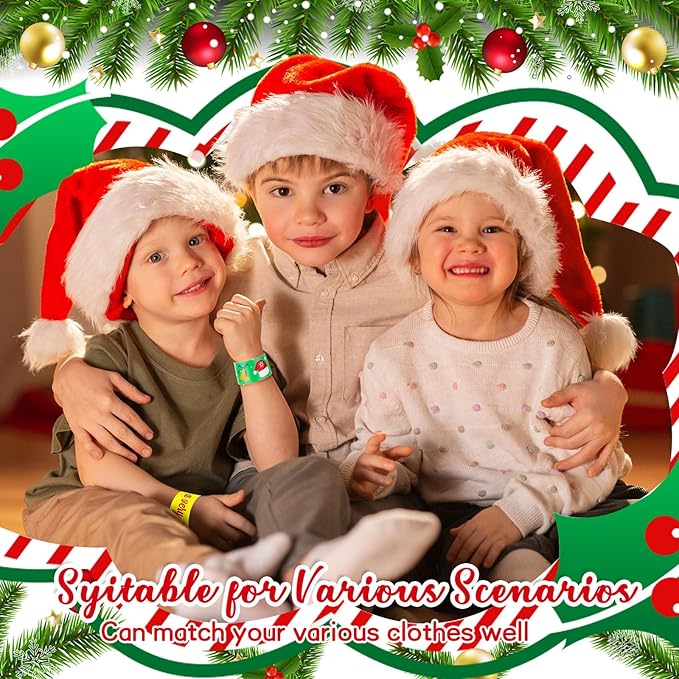 240 Pcs Christmas Slap Bracelets Bulk Santa Theme Christmas Party Favors Holiday Snap Bracelets Kids Xmas Slap Bands for Birthday Party Gifts Stocking Stuffers Classroom Prizes, 24 Designs