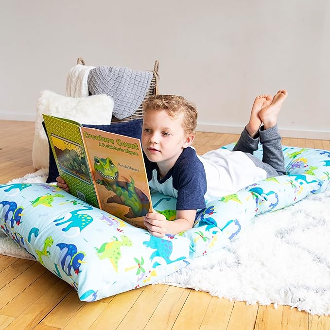 Wildkin Kids Floor Lounger: Ideal for Boys and Girls, Travel-Friendly, Perfect for Sleepovers - Pillow Lounger for Kids, Requires Standard Size Pillows Not Included (Dinosaur Land)