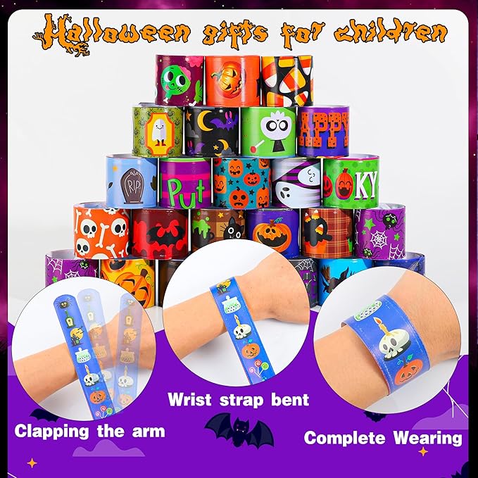 144 PCS Halloween Slap Bracelets Halloween Party Favors Supplies for Kids-108 Different Designs Bracelets Bulk for Halloween Decorations Halloween Treat Toys Bag Stuffers Gift for Kids Girls Boys