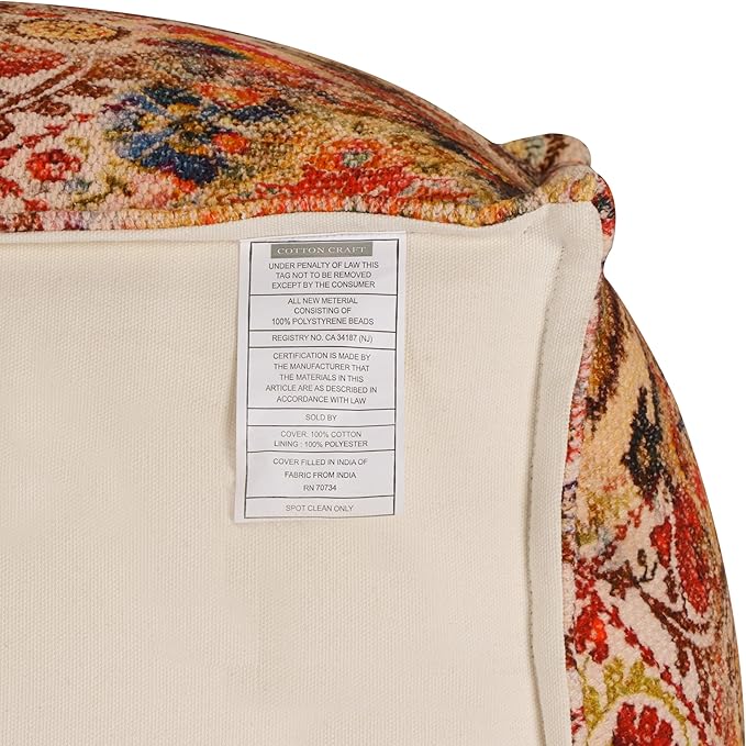 COTTON CRAFT Printed Pouf - Ottoman Foot Stool Bean Bag - Dorm Kids Room Bedroom Home Décor Accent Seating - Boho Modern Comfortable Prefilled Cotton Square Pouf Footrest - 17x17x17 inch - Coral Multi