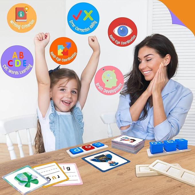 154 PCS Wooden CVC Word Spelling Game, Short Vowel Spelling Flashcards Sight Words Flash Cards Montessori Early Educational Toys for Preschool Kindergarten (5 Dry Erase Marker Included)