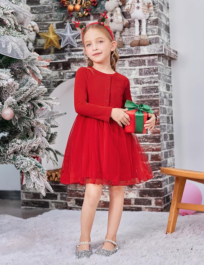Arshiner Toddler Girls Tutu Dress Long Sleeve Fall Winter Button Front Party Tulle Dresses 2-8Y