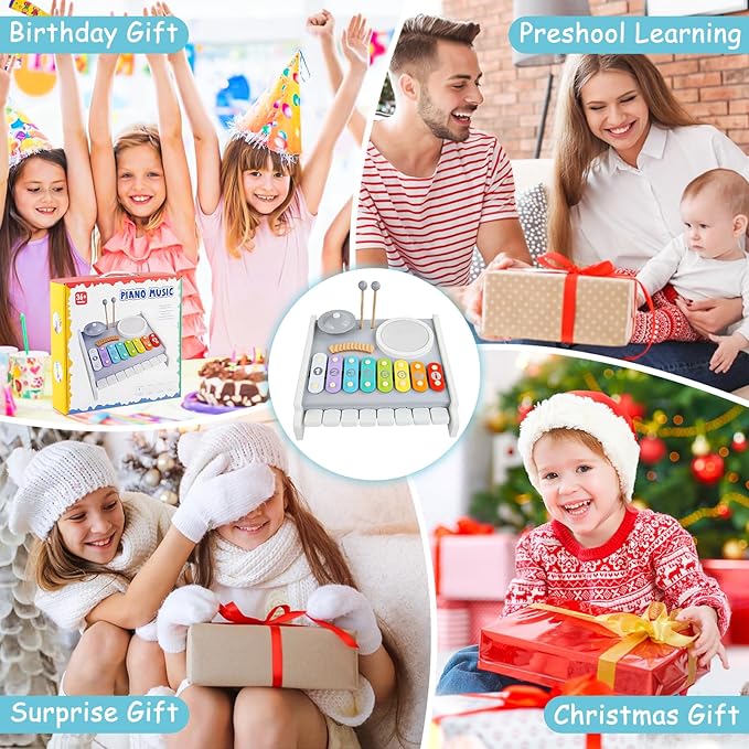 Kids Drum Set Musical Instruments - 5 in 1 Montessori Toys for Toddler Baby, Wooden Music Kit with Piano Keyboard Xylophone, Preschool Educational Sensory Toys Birthday Gifts for Boys Girls 1-3+