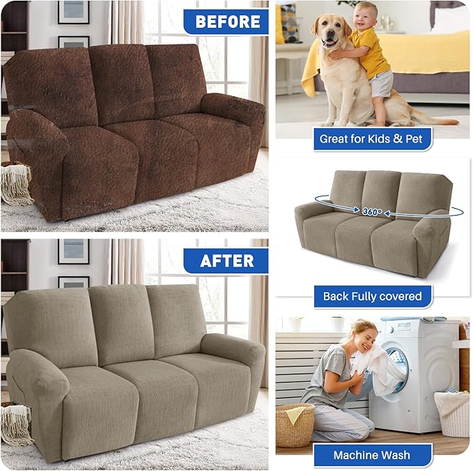 MAXIJIN Waterproof Recliner Couch Cover 5 Pieces Recliner Sofa Covers 3 Seater, Reclining Couch Furniture Protector with Elastic Straps & Pockets for Pet, Kids (Sofa Recliner, Khaki)