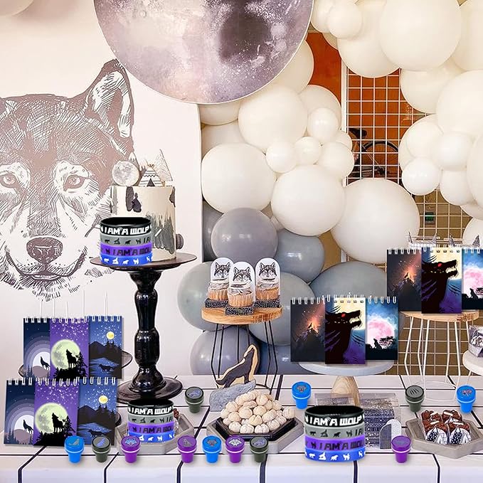 48 PCS Wolf Party Favors, Wolf Birthday Party Favors with 12 Wolf Button Pins, 12 Mini Notebooks, 12 Stampers and 12 Rubber Bracelets for Birthday Party Baby Shower Holiday