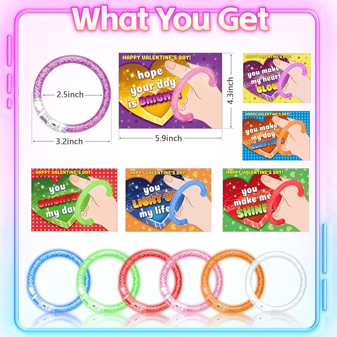 28 Pack Valentines Cards for Kids School, Glow Bracelets with Valentines Cards, Valentines Gifts for Kids Classroom, Glow in The Dark LED Bracelet Toys Party Favors, Kids Valentines Exchange Gifts