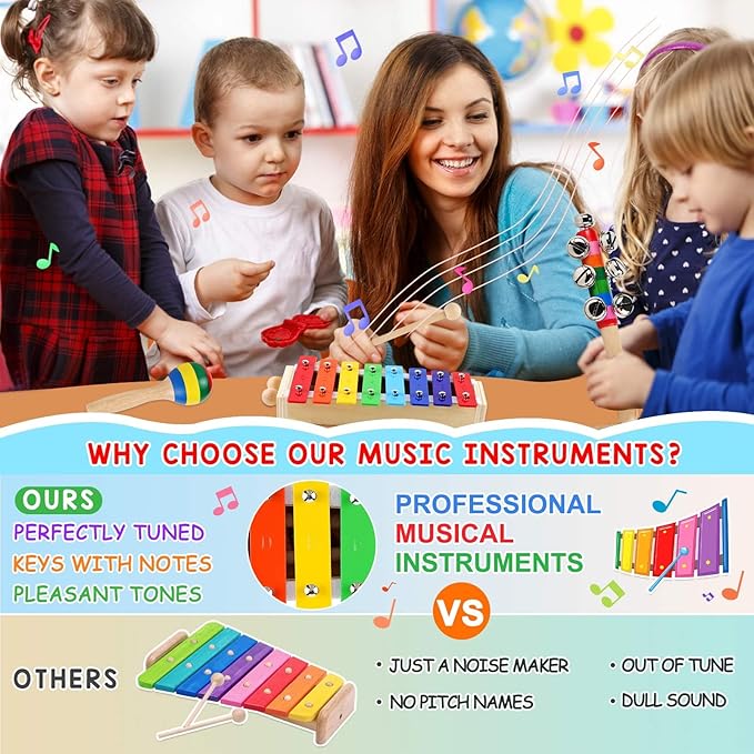 Kids Musical Instruments Montessori Baby Musical Toys for Toddlers 3-5 Wooden Percussion Instruments Toy for Preschool Educational