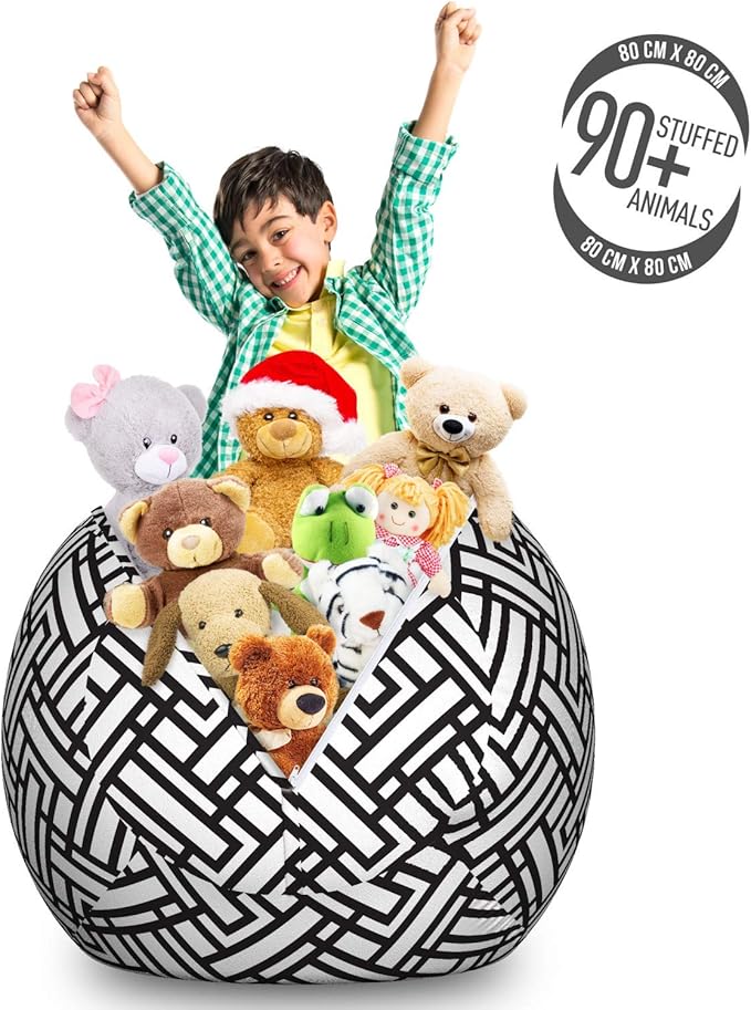 Ambesonne Black and White Storage Toy Bag Chair, Monochrome Interlocking Stripes Pattern with Modern Abstract Inspirations, Stuffed Animal Organizer Washable Bag, Large Size, White Black