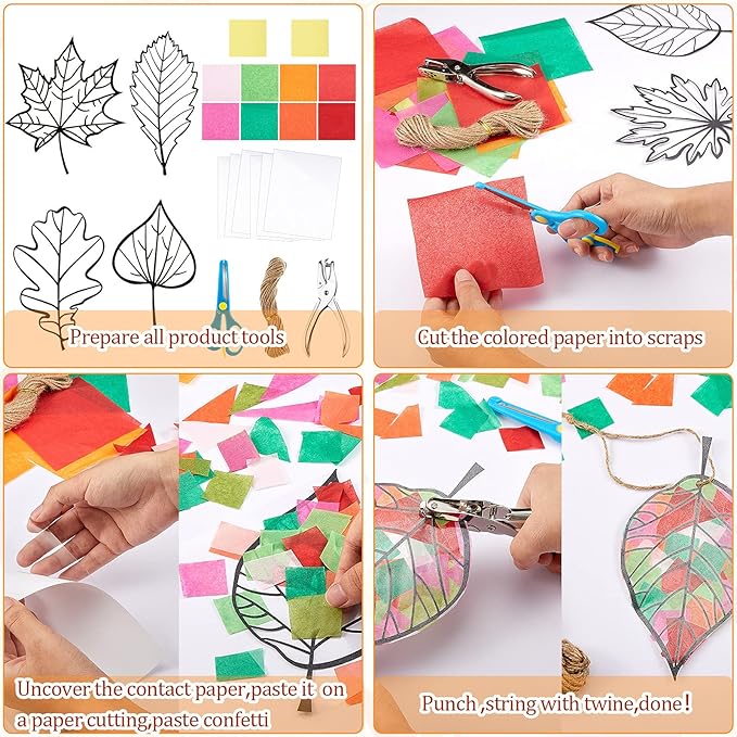 18 Pcs Thanksgiving Fall Paper Craft for Kids DIY Autumn Tissue Paper Leaf Suncatcher Kit with 20 PVC Contact Paper and 30 Colored Cellophane Paper for Kids Classroom DIY Crafts Art Party Supplies