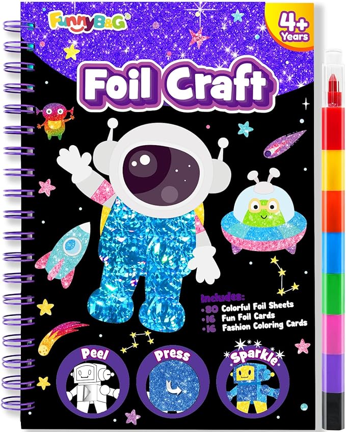 Foil Art Craft Activity for Kids: Fun DIY Toy Sticker Kit, No Mess Creative Travel Supply Set, Idea Birthday Easter Basket Stuffers Valentines Gift for Girl Boy Toddler 4 5 6 7 8 9 Year Old(Space)