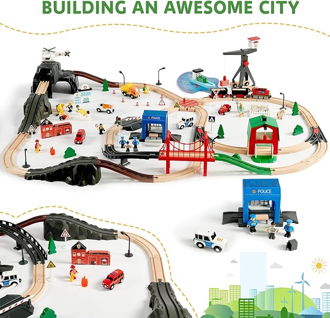 153pcs Wooden Train Set, Toy Train for Boys & Girls, 6 Themed Scenarios Wooden Train Track for Toddlers & Kids, Ideal Easter Birthday Gift Toy for Kids, Compatible with Major Brands