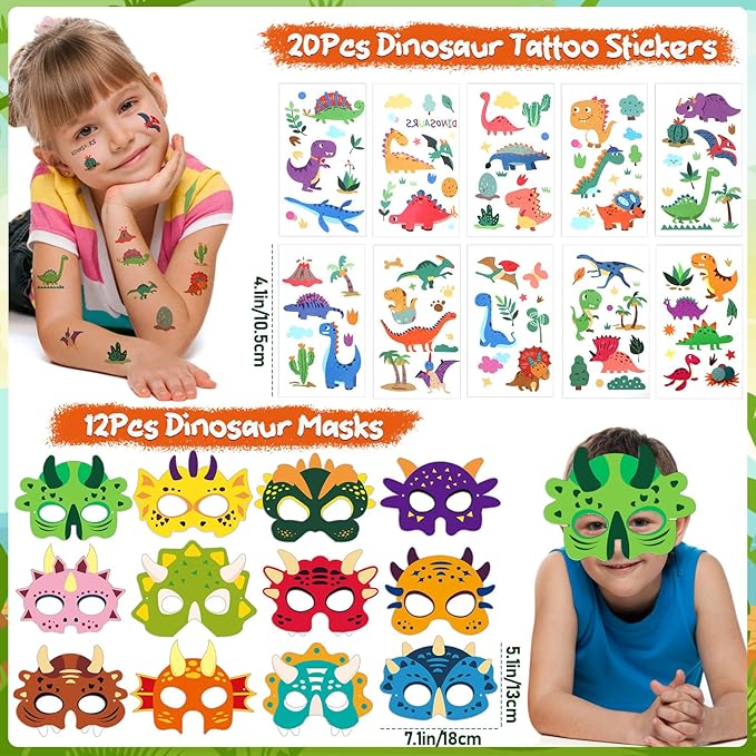 166 Dinosaur Party Favors Dino Birthday Supplies Mask Egg Figure Scracth Bookmark Slap Bracelet Keychain Sticker Tattoo Toy Gift Kid Boy Girl Goodie Bag Stuffer Dinosaur Themed Party Supplies