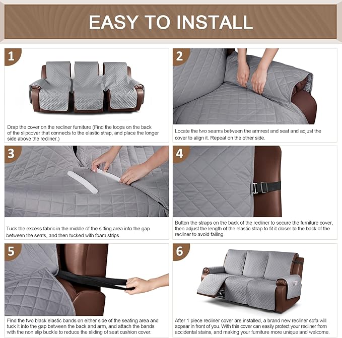KinCam 100% Waterproof Recliner Sofa Covers, Non-Slip Reclining Couch Covers for 3 Seat, Recliner Couch Cover Furniture Protector with Elastic Straps for Pets, Kids, Light Gray