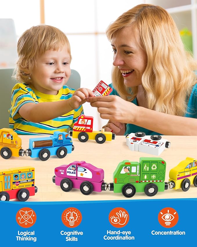 8-Piece Magnetic Wooden Train Set, Customizable City-Themed Vehicles for Kids 3+, Montessori Fine Motor Skills Educational Toy, Build Connect Explore with Endless Combinations