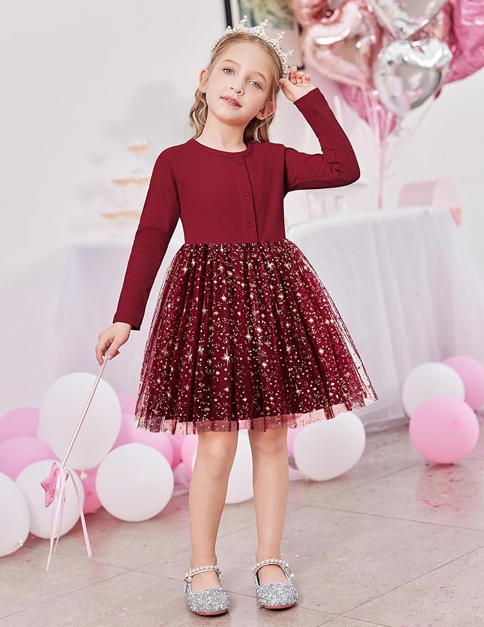 Arshiner Toddler Girls Tutu Dress Long Sleeve Fall Winter Button Front Party Tulle Dresses 2-8Y