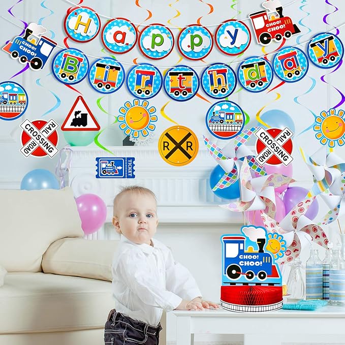 Train Birthday Party Decorations Set, Happy Birthday Banner Train Honeycomb Centerpiece, with 6 Pieces Hanging Swirl Decoration for Birthday Party Supplies Baby Shower