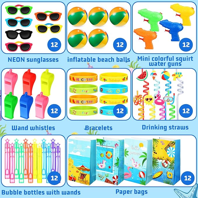 96 Pcs Pool Party Favors Inflatable Beach Balls Mini Bubbles Wand Whistle Kids Sunglasses Bulk Drinking Straws Water Gun Bracelets Goodie Bag Stuffers Summer Birthday Party Supplies Decorations Gifts