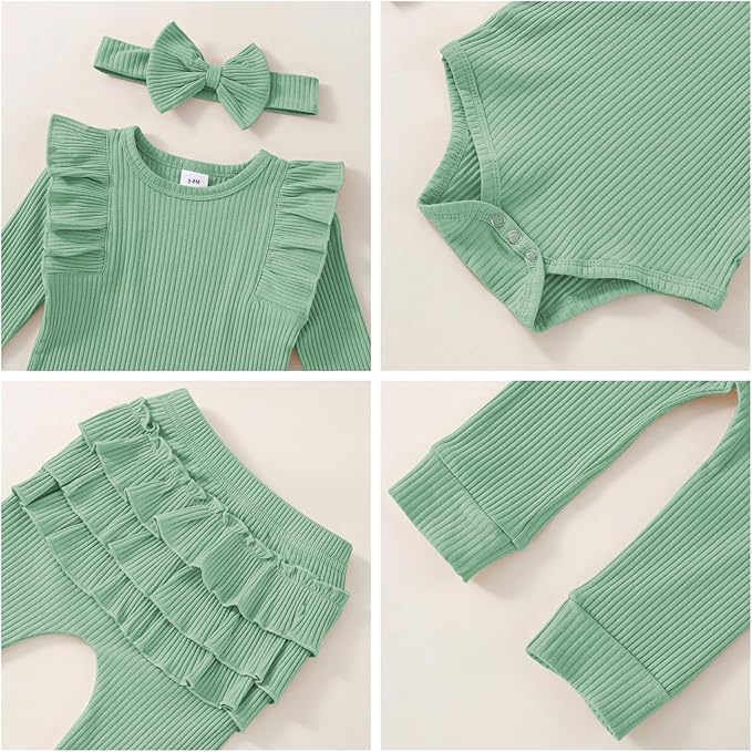 Baby Girl Clothes Newborn Infant Fall Winter Outifts Ribbed Ruffle Long Sleeve Romper Pant Outfit Set 3pcs 0-18Months