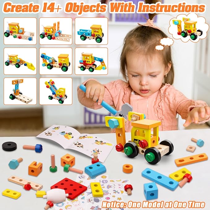 56 Pcs Kids Tool Set for Toddlers, Montessori Educational STEM Toys, Construction Learning Toys with Tool Box, Wooden Building Kit for 3 4 5 6 7 8 9 10 Years Old Boys Girls Birthday Gifts
