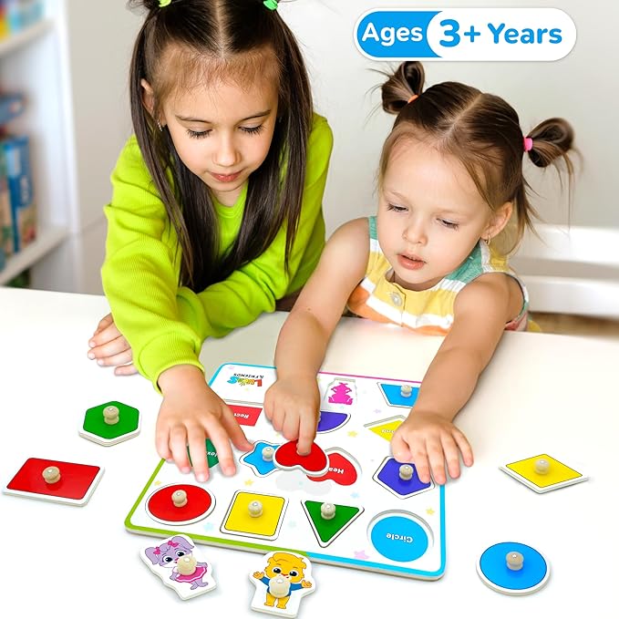 Lucas & Friends Wooden Toys, Peg Puzzle Toddler Toys, Educational Wooden Puzzles for Montessori and Preschool Kids, Shapes Puzzle Board for Ages 3 4 5 6 Years Old Boys and Girls As Gifts